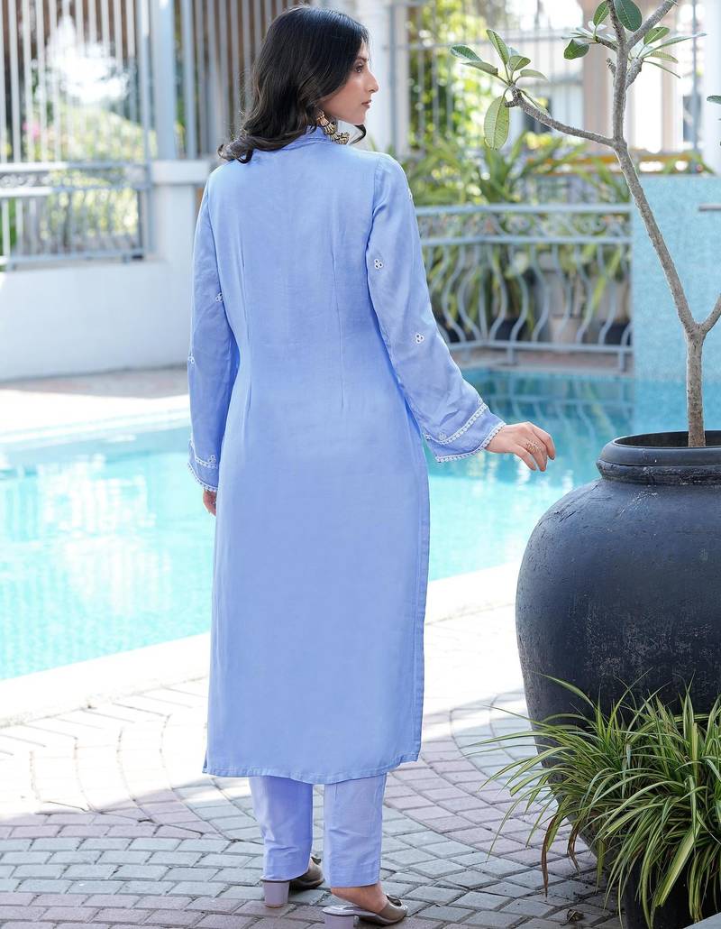 Light-purple embroidered modal satin straight cut kurta