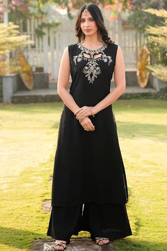 Black embroidered art silk a line kurta