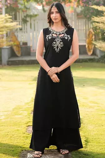 Black embroidered art silk a line kurta