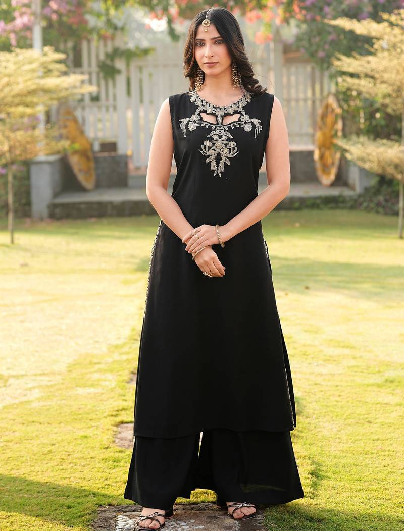 Black embroidered art silk a line kurta