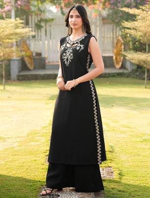 Black embroidered art silk a line kurta 3