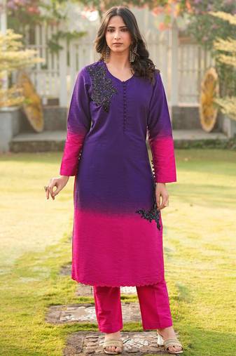 Dark-purple hand embroidery art silk straight cut kurta