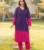Dark-purple hand embroidery art silk straight cut kurta