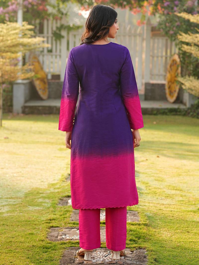 Dark-purple hand embroidery art silk straight cut kurta