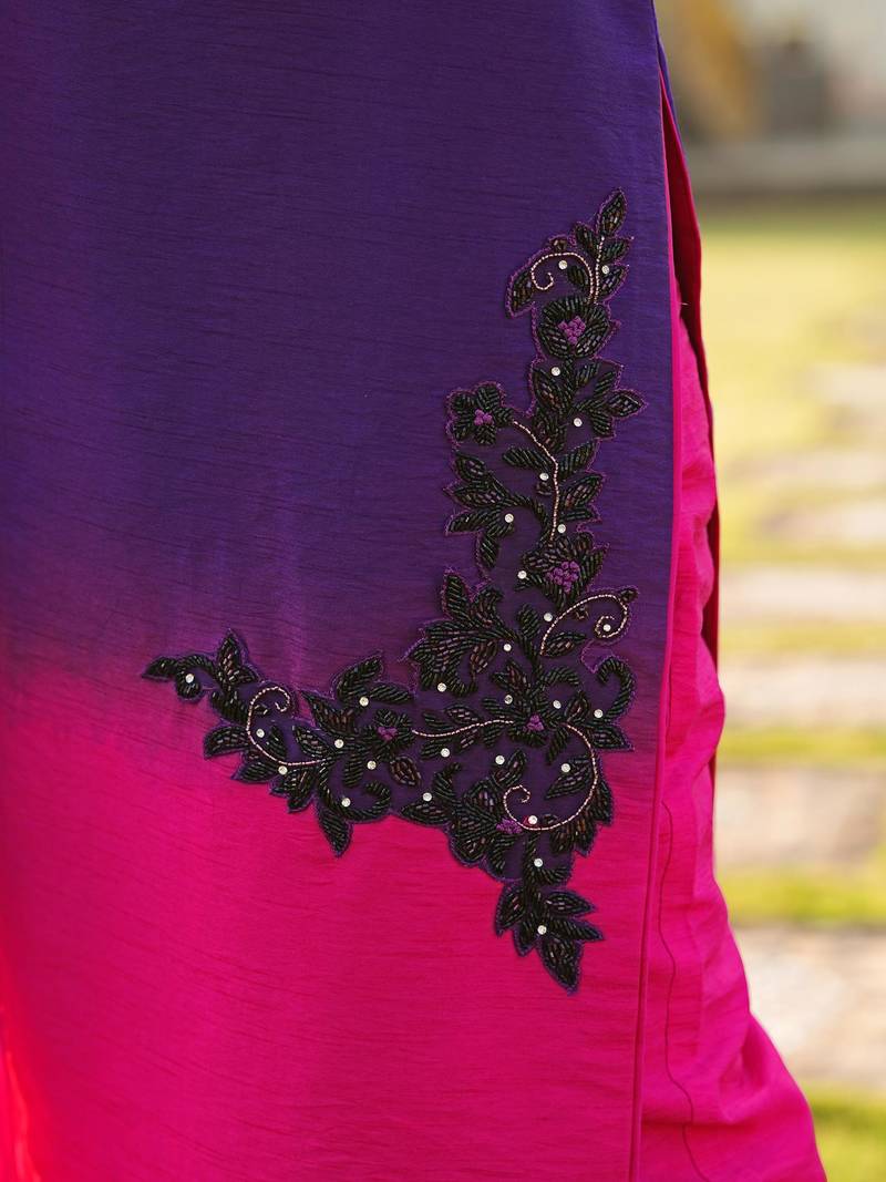 Dark-purple hand embroidery art silk straight cut kurta