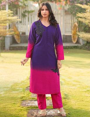 Dark-purple hand embroidery art silk straight cut kurta 5