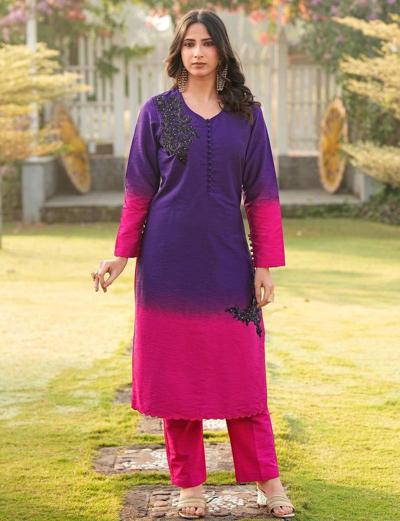 Dark-purple hand embroidery art silk straight cut kurta