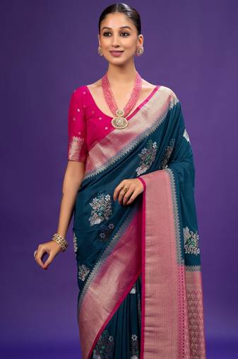Blue Color jari Meena Jaqurad Weveing work Khadi Silk Georgette Saree