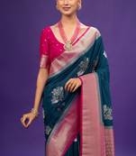 Blue Color jari Meena Jaqurad Weveing work Khadi Silk Georgette Saree