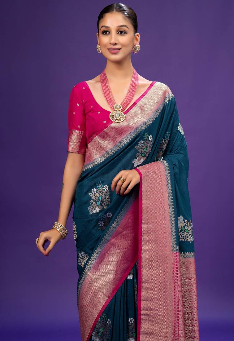 Blue Color jari Meena Jaqurad Weveing work Khadi Silk Georgette Saree