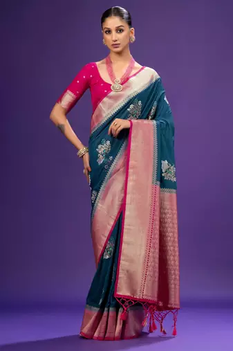Blue Color jari Meena Jaqurad Weveing work Khadi Silk Georgette Saree