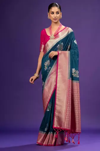 Blue Color jari Meena Jaqurad Weveing work Khadi Silk Georgette Saree