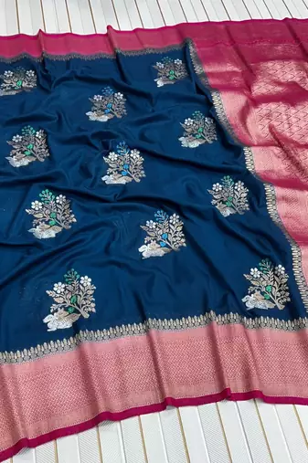 Blue Color jari Meena Jaqurad Weveing work Khadi Silk Georgette Saree