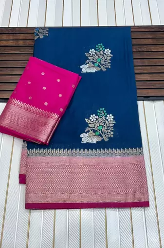 Blue Color jari Meena Jaqurad Weveing work Khadi Silk Georgette Saree