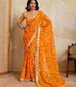 Enchanting yellow georgette bandhej print with cutwork lace border saree with mono banglory silk blouse