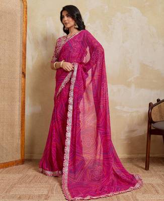 Mesmerizing pink georgette bandhej print with cutwork lace border saree with mono banglory silk blouse 4