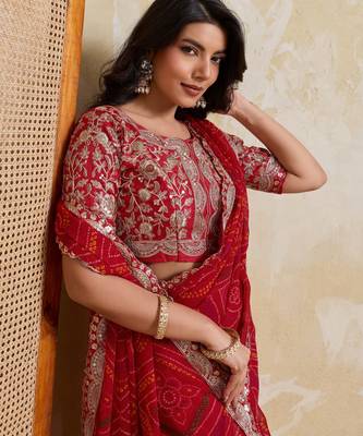 Catching red georgette bandhej print with cutwork lace border saree with mono banglory silk blouse 2