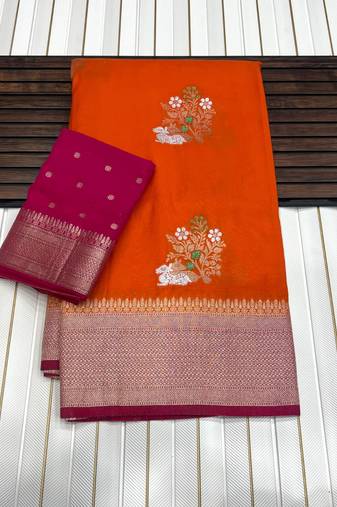 orange Color jari Meena Jaqurad Weveing work Khadi Silk Blend Georgette Saree