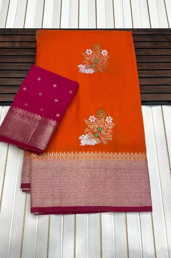 orange Color jari Meena Jaqurad Weveing work Khadi Silk Blend Georgette Saree