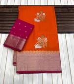 orange Color jari Meena Jaqurad Weveing work Khadi Silk Blend Georgette Saree