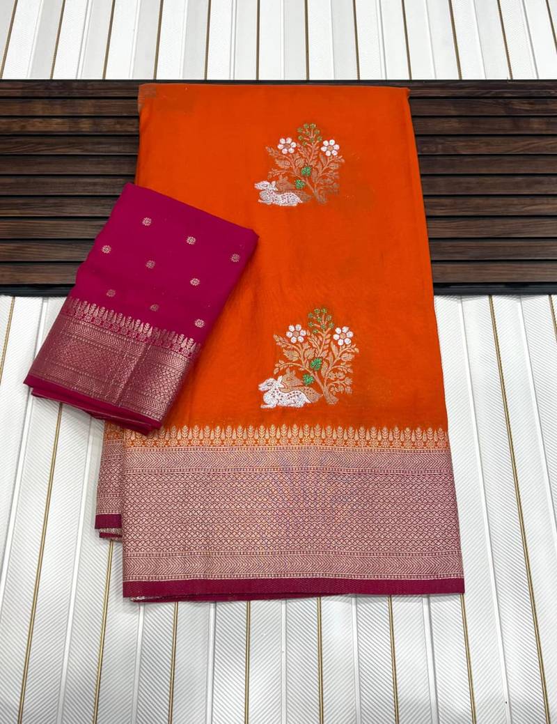 orange Color jari Meena Jaqurad Weveing work Khadi Silk Blend Georgette Saree