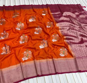 orange Color jari Meena Jaqurad Weveing work Khadi Silk Blend Georgette Saree 2