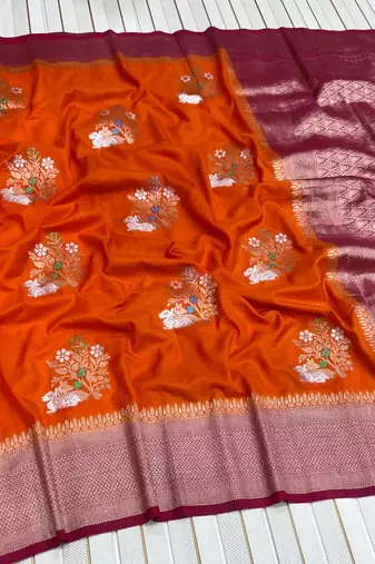 orange Color jari Meena Jaqurad Weveing work Khadi Silk Blend Georgette Saree