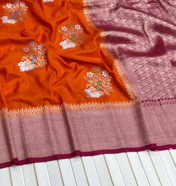 orange Color jari Meena Jaqurad Weveing work Khadi Silk Blend Georgette Saree 3