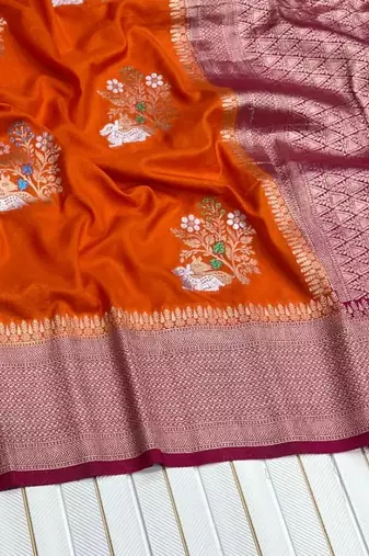 orange Color jari Meena Jaqurad Weveing work Khadi Silk Blend Georgette Saree
