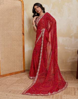 Catching red georgette bandhej print with cutwork lace border saree with mono banglory silk blouse 5