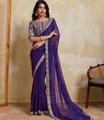 Delightful blue georgette bandhej print with cutwork lace border saree with mono banglory silk blouse