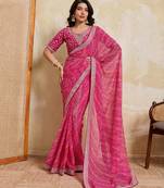 Bewitching pink georgette bandhej print with embroidery work lace border saree with mono banglory silk blouse