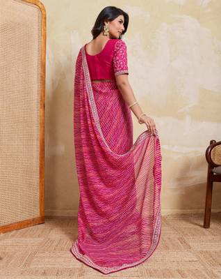 Bewitching pink georgette bandhej print with embroidery work lace border saree with mono banglory silk blouse 3