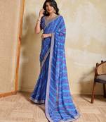 Fetching blue georgette bandhej print with embroidery work lace border saree with mono banglory silk blouse