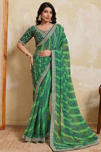 Glamorous green georgette bandhej print with embroidery work lace border saree with mono banglory silk blouse