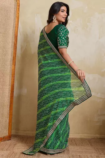 Glamorous green georgette bandhej print with embroidery work lace border saree with mono banglory silk blouse