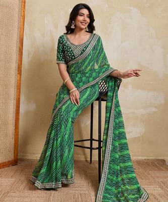 Glamorous green georgette bandhej print with embroidery work lace border saree with mono banglory silk blouse 5