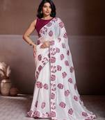 Graceful off-white fendy chiffon c-pallu embroidery work border saree with mono banglory silk blouse