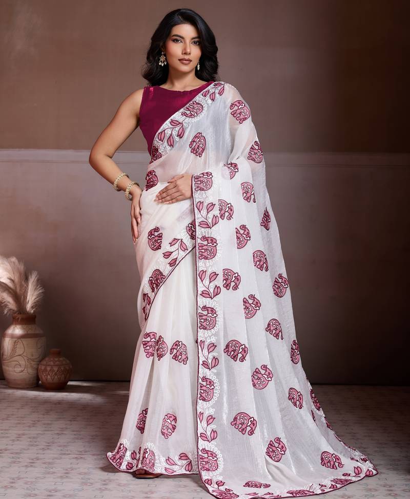 Graceful off-white fendy chiffon c-pallu embroidery work border saree with mono banglory silk blouse