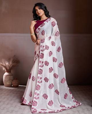 Graceful off-white fendy chiffon c-pallu embroidery work border saree with mono banglory silk blouse 3