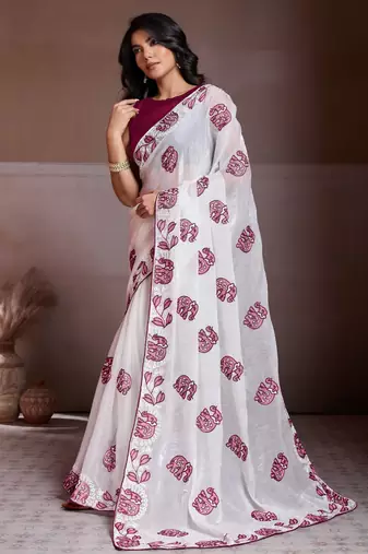Graceful off-white fendy chiffon c-pallu embroidery work border saree with mono banglory silk blouse