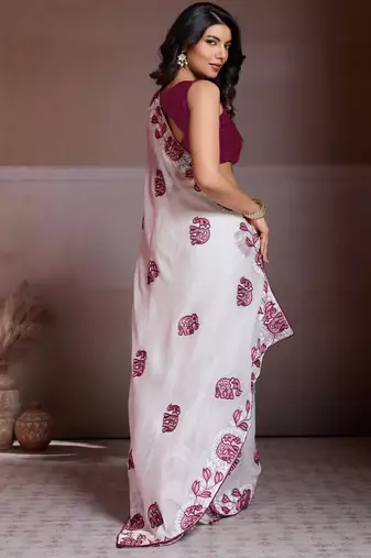 Graceful off-white fendy chiffon c-pallu embroidery work border saree with mono banglory silk blouse
