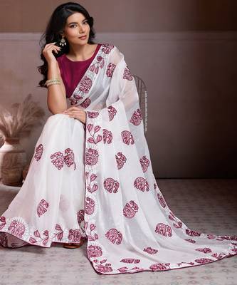 Graceful off-white fendy chiffon c-pallu embroidery work border saree with mono banglory silk blouse 5