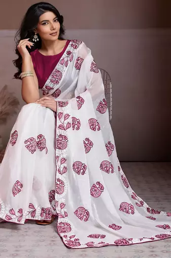 Graceful off-white fendy chiffon c-pallu embroidery work border saree with mono banglory silk blouse