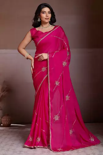 Charming pink crush silk c-pallu beads embroidery work  saree with crush silk blouse