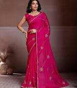 Charming pink crush silk c-pallu beads embroidery work  saree with crush silk blouse