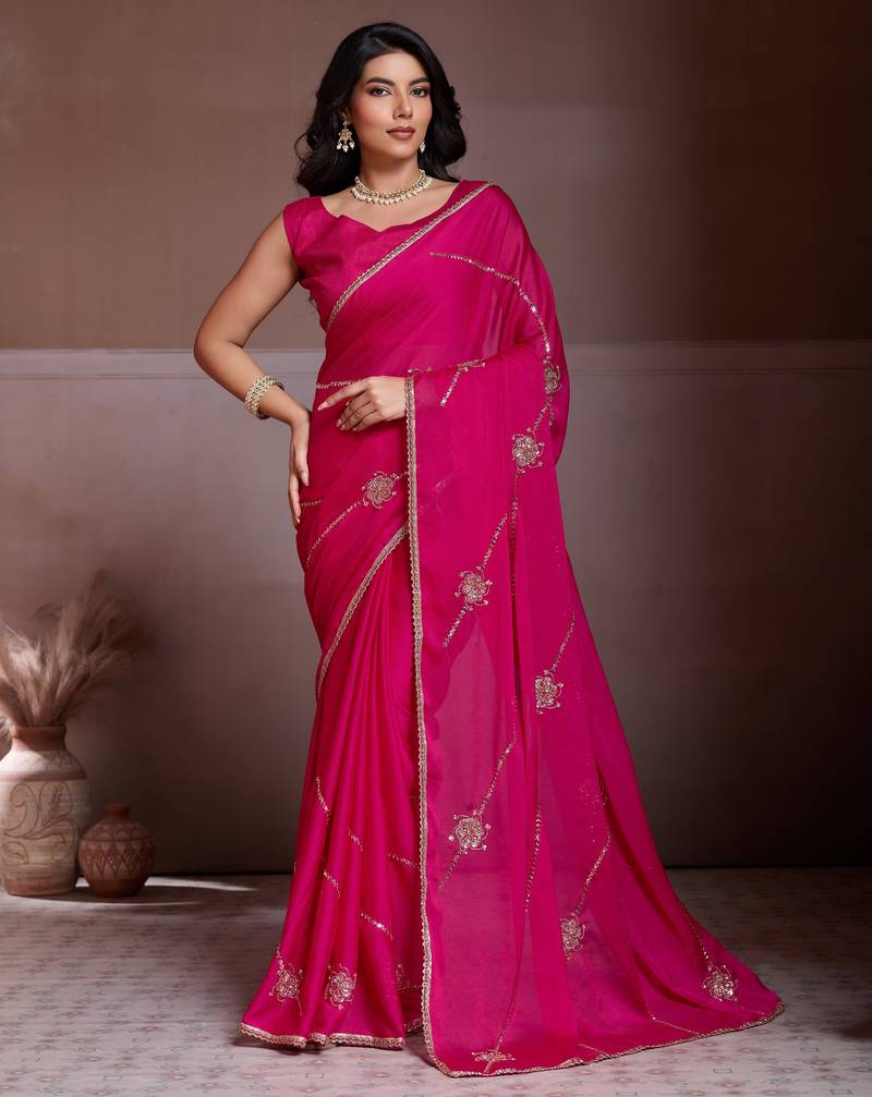 Charming pink crush silk c-pallu beads embroidery work  saree with crush silk blouse