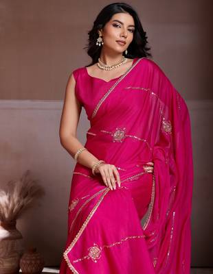 Charming pink crush silk c-pallu beads embroidery work saree with crush silk blouse 2