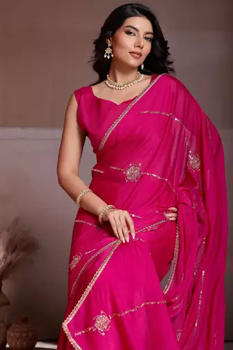 Charming pink crush silk c-pallu beads embroidery work  saree with crush silk blouse