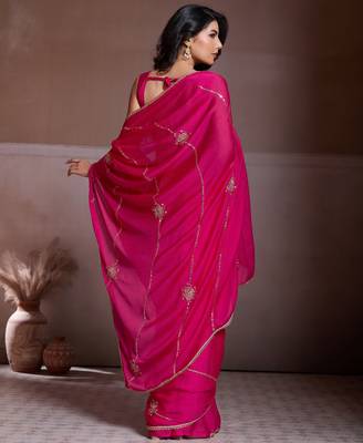 Charming pink crush silk c-pallu beads embroidery work saree with crush silk blouse 3